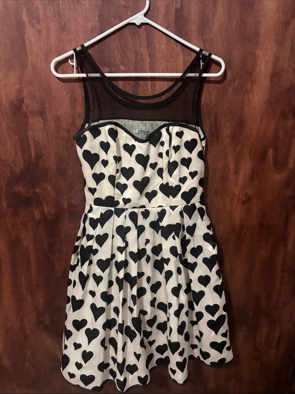 Minuet Petite Black and White Heart Print Dress with Sheer Mesh Yoke